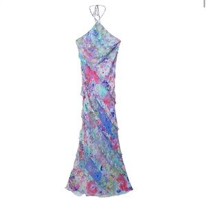 Zara Blue Floral Formal Ruffle Floor Length Dress Size Medium